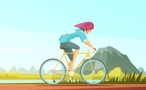 Sportsman retro cartoon set with flat doodle style character of professional wheelman riding the bicycle outdoors vector illustration