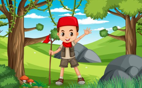 Nature scene with muslim kids exploring in the forest illustration